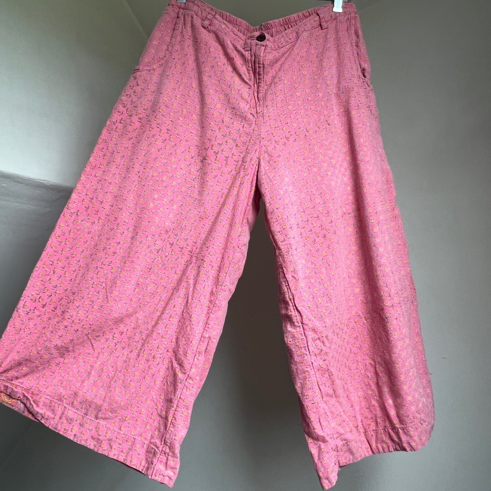 Fabindia Wide Leg Capri Pants Size Large Pink Floral Print Cotton Boho Culottes
